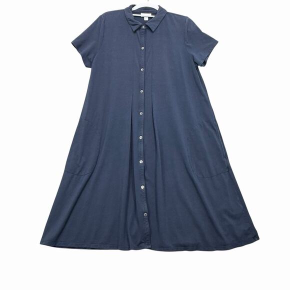 J Jill Shirt Dress Sz M Navy Blue Button Front A-Line Short Sleeve Pima Cotton - Picture 1 of 9